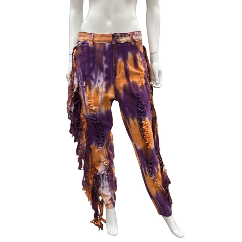 NWT Purple Candy Pants Women’s Size XL Fringes Holes Tye Dyed Purple And Orange